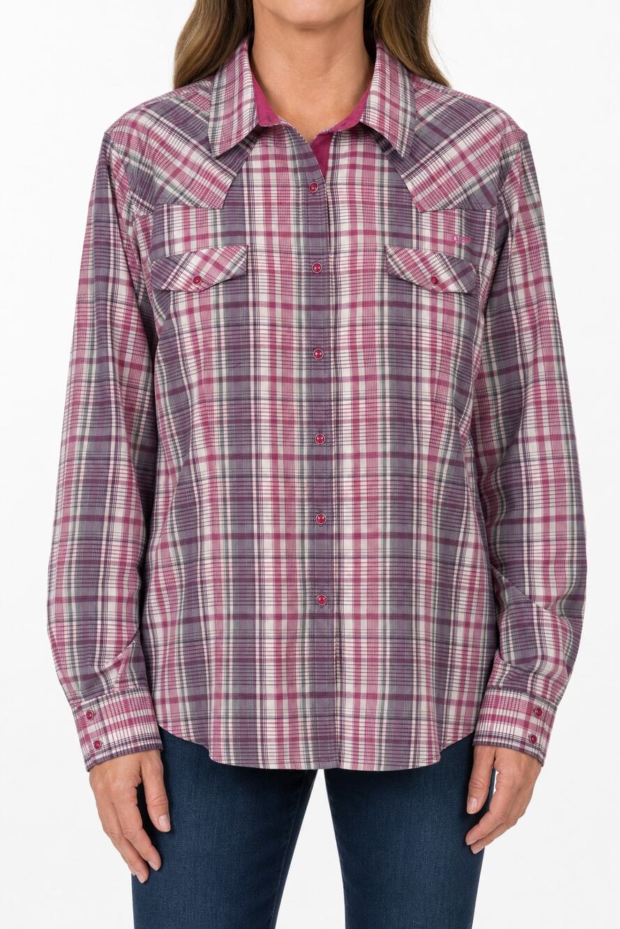 Outback Trading Women's Magnolia Plaid Pink Pearl Button-Up Western Shirt XL